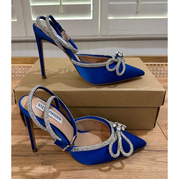 Steve Madden Viable Heels Cobalt Blue Rhinestones Bow Design Size 6.5 NIB Dressy - Picture 2 of 12